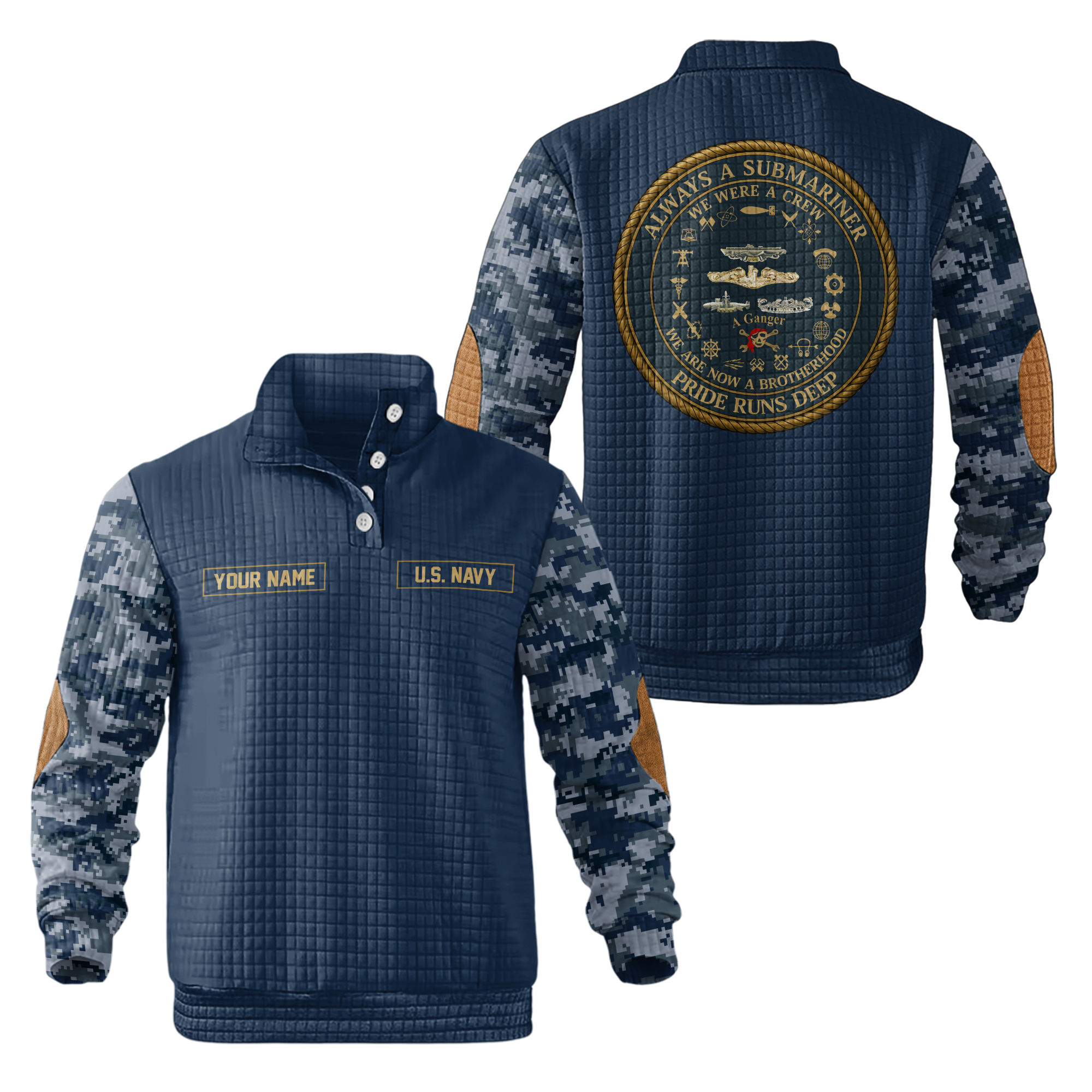 Personalizable Navy Submarine Pride Runs Deep Waffle Stand Collar Sweatshirt