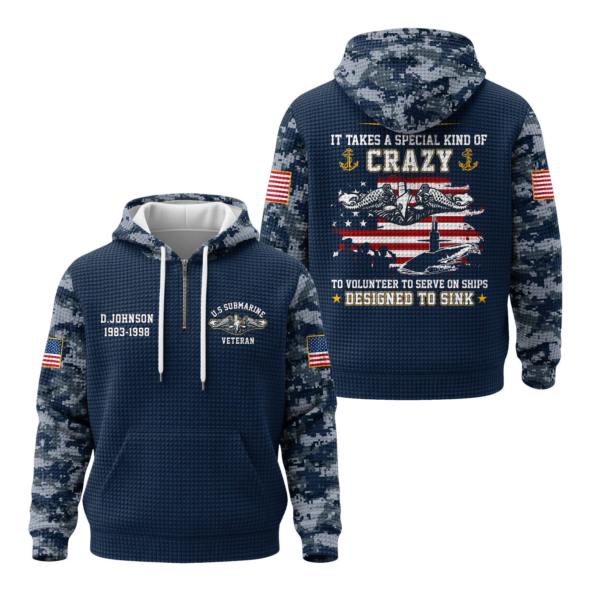Personalizable Navy Submarine Quarter Zip Waffle Hoodie