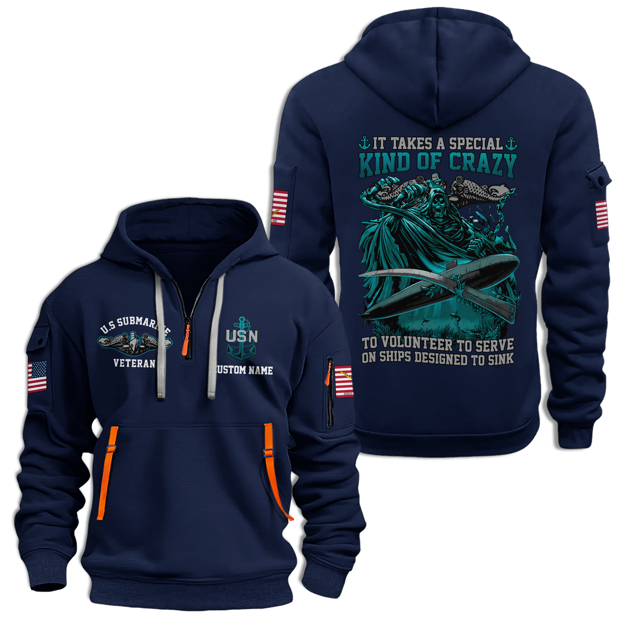 Personalizable Navy Submarine Quarter Zip Hoodie