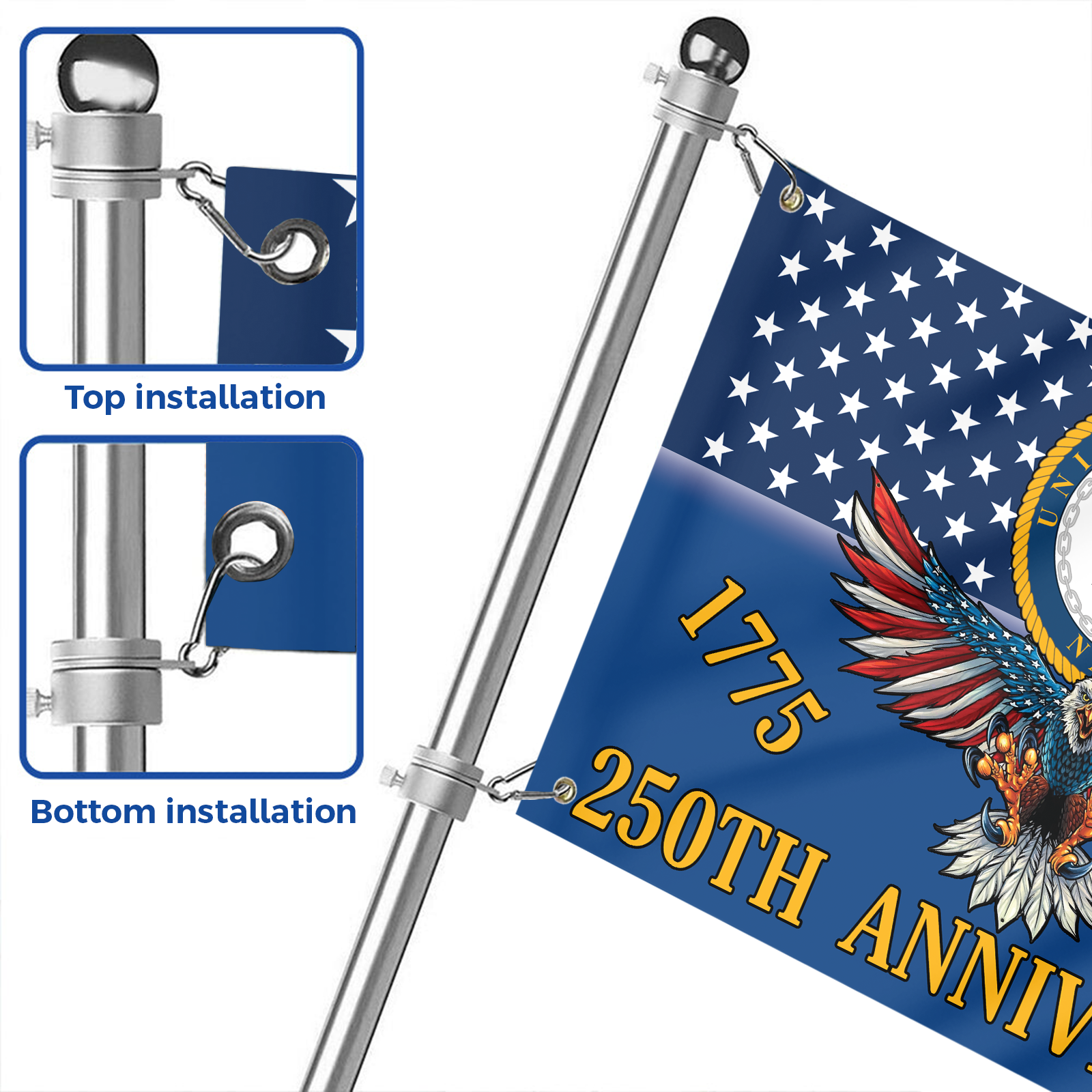 Navy 250th Anniversary House Flag With Flagpole Combo