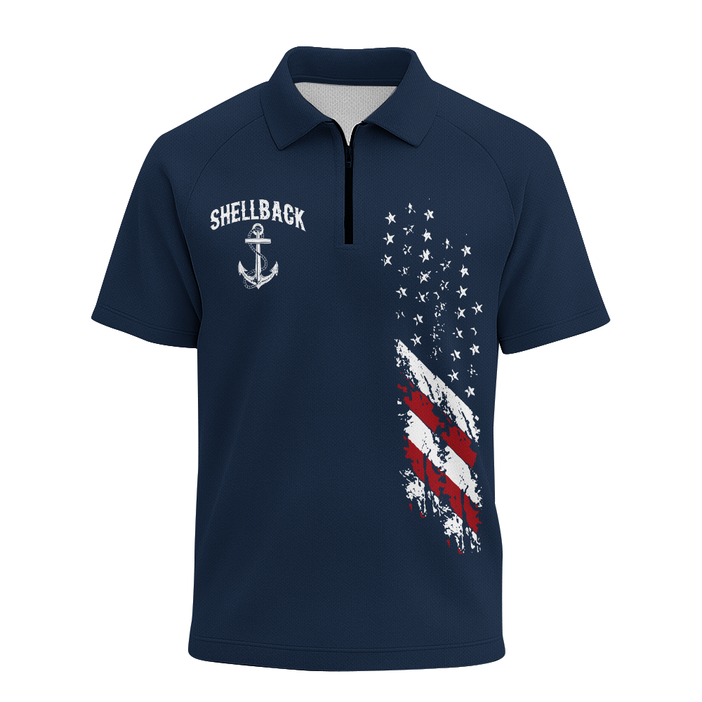 Navy Shellback Ancient Order Of The Deep Raglan Zip Polo Shirt