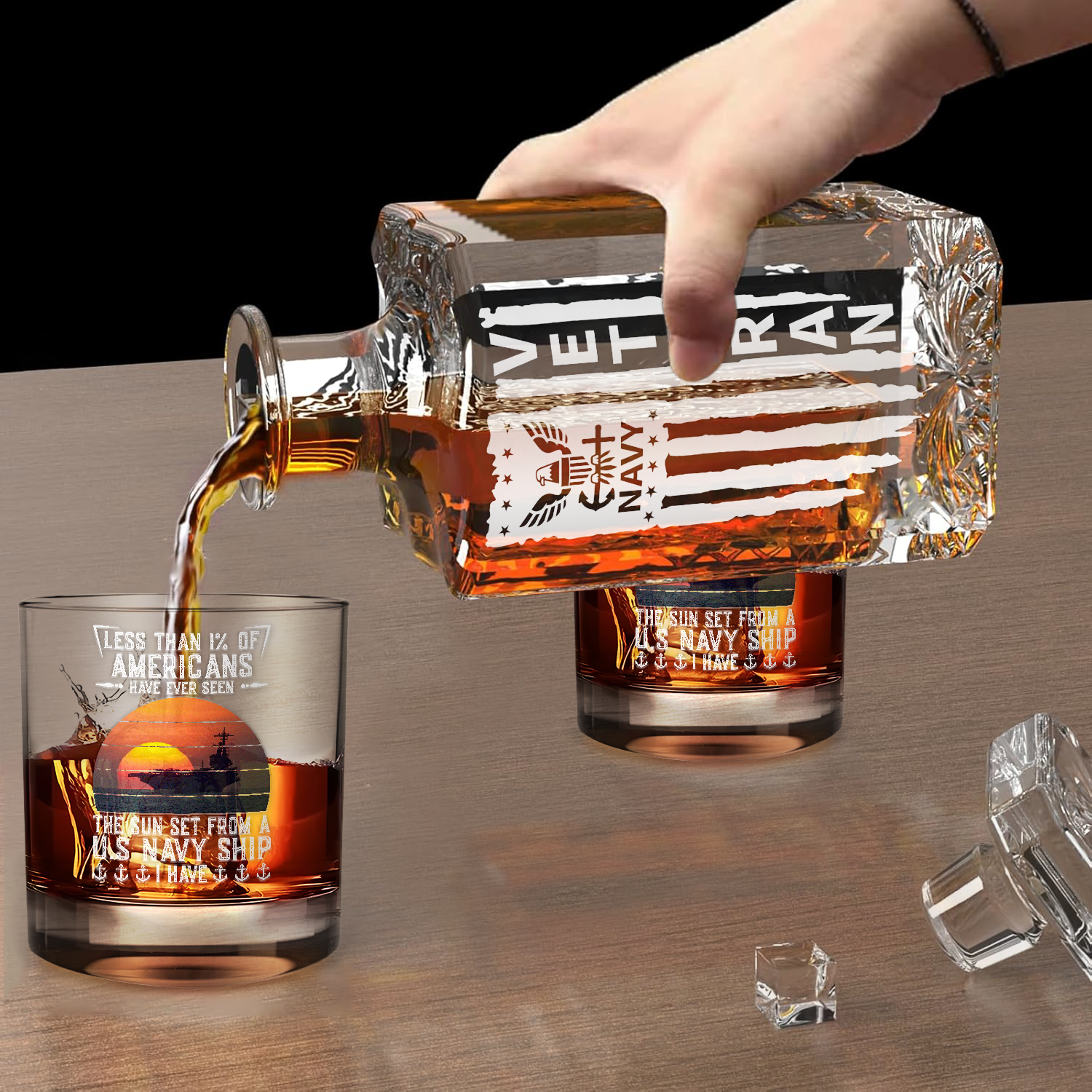Navy Veteran Set of 2 Whiskey Glasses & Decanter (x2 Coasters Gift)