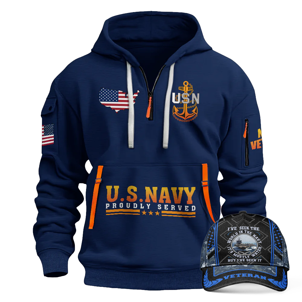 Less Than 1% Navy Ship Quarter Zip Hoodie & Cap Combo
