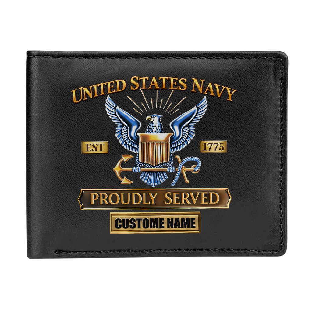 Personalizable Navy Proudly Served Leather Wallet