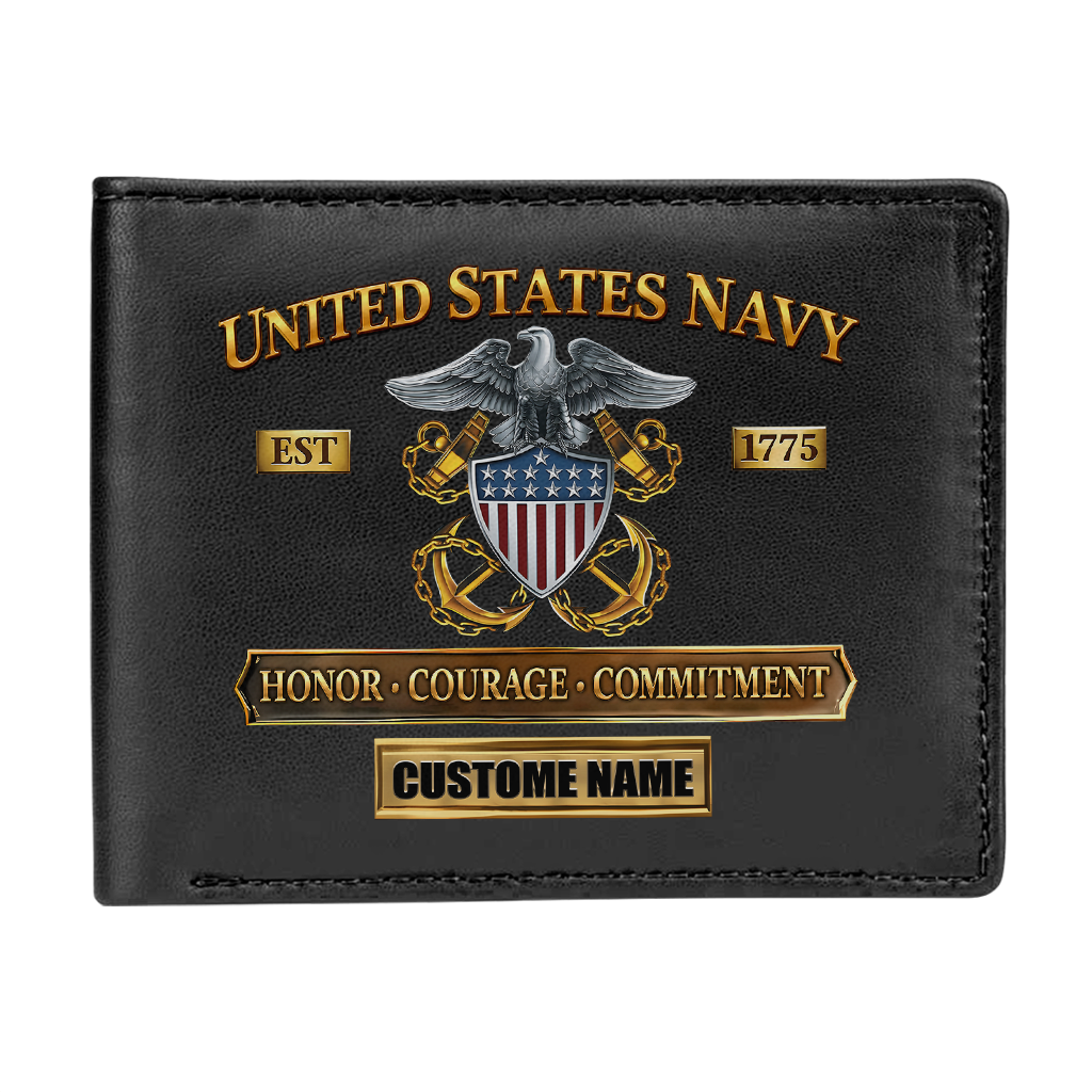 Personalizable Navy Honor Courage Commitment Leather Wallet