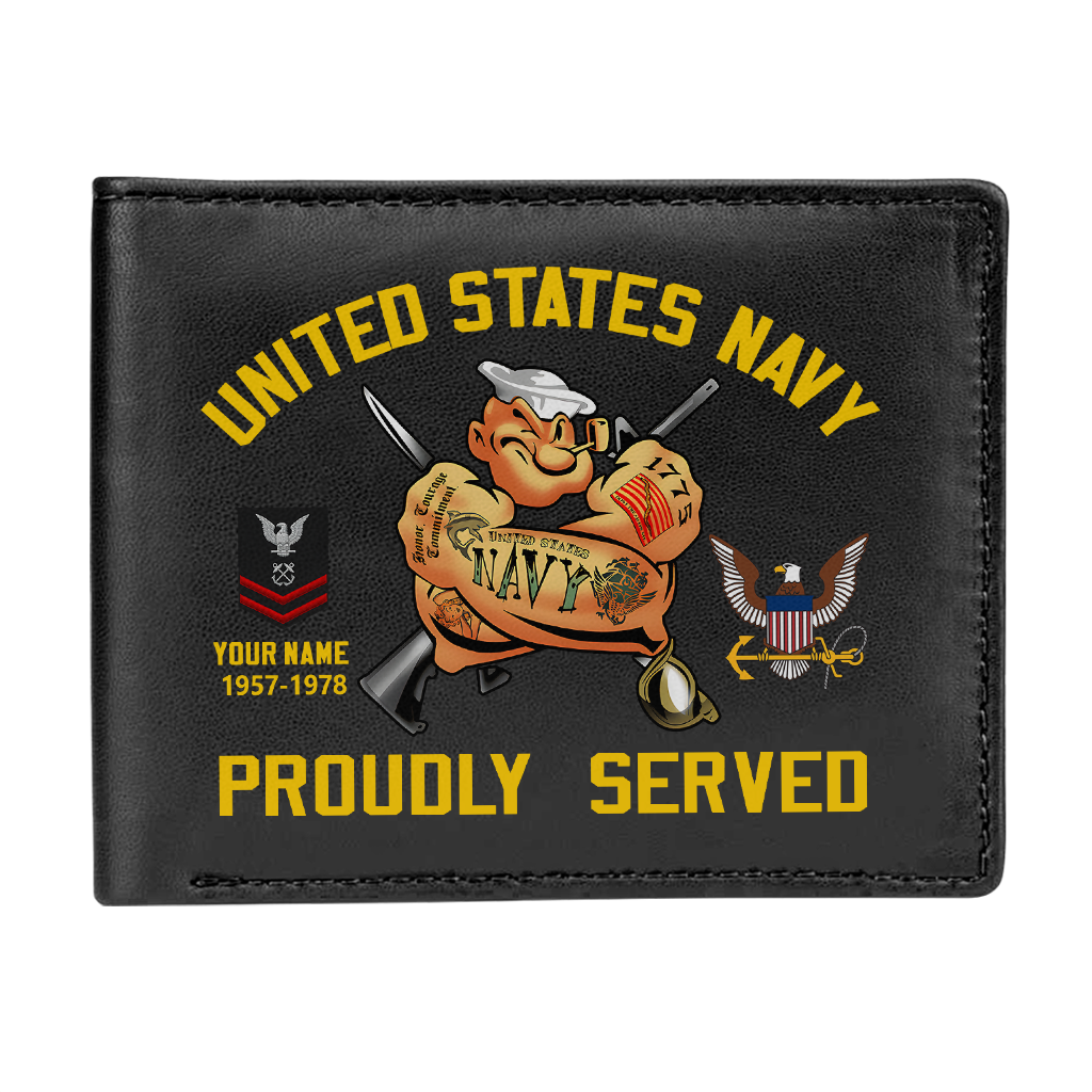 Personalizable Navy Proudly Served Leather Wallet