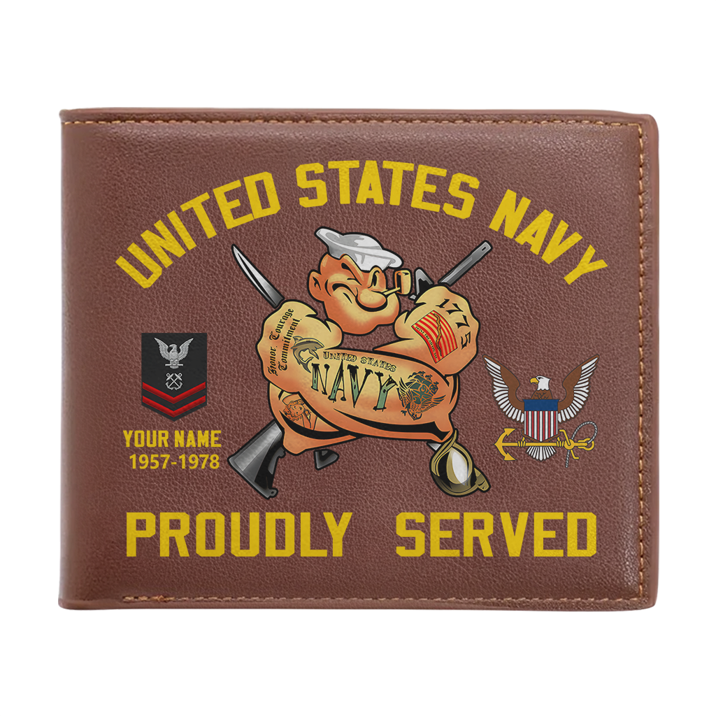 Personalizable Navy Proudly Served Leather Wallet