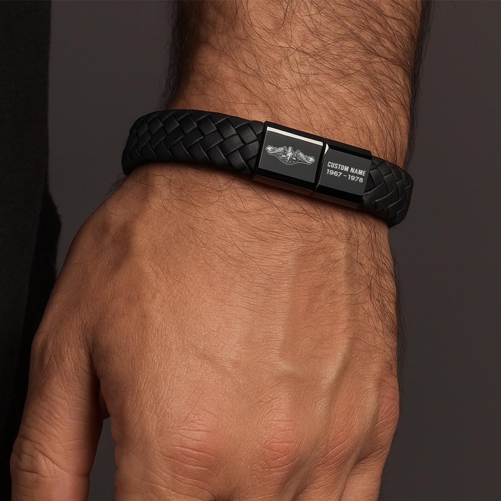 Personalizable Navy Submarine Engraved Braided Leather Bracelet