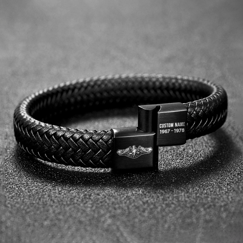 Personalizable Navy Submarine Engraved Braided Leather Bracelet