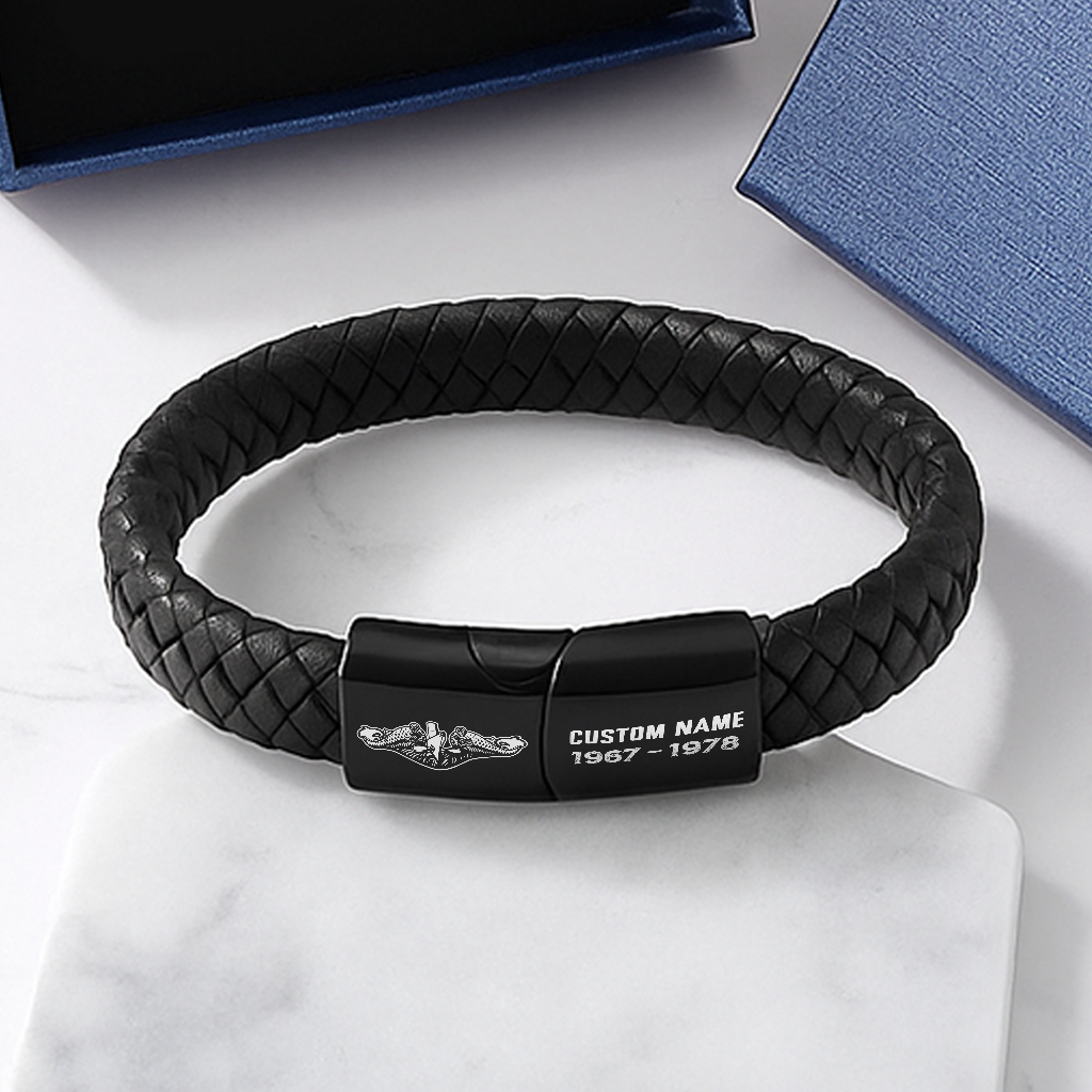 Personalizable Navy Submarine Engraved Braided Leather Bracelet