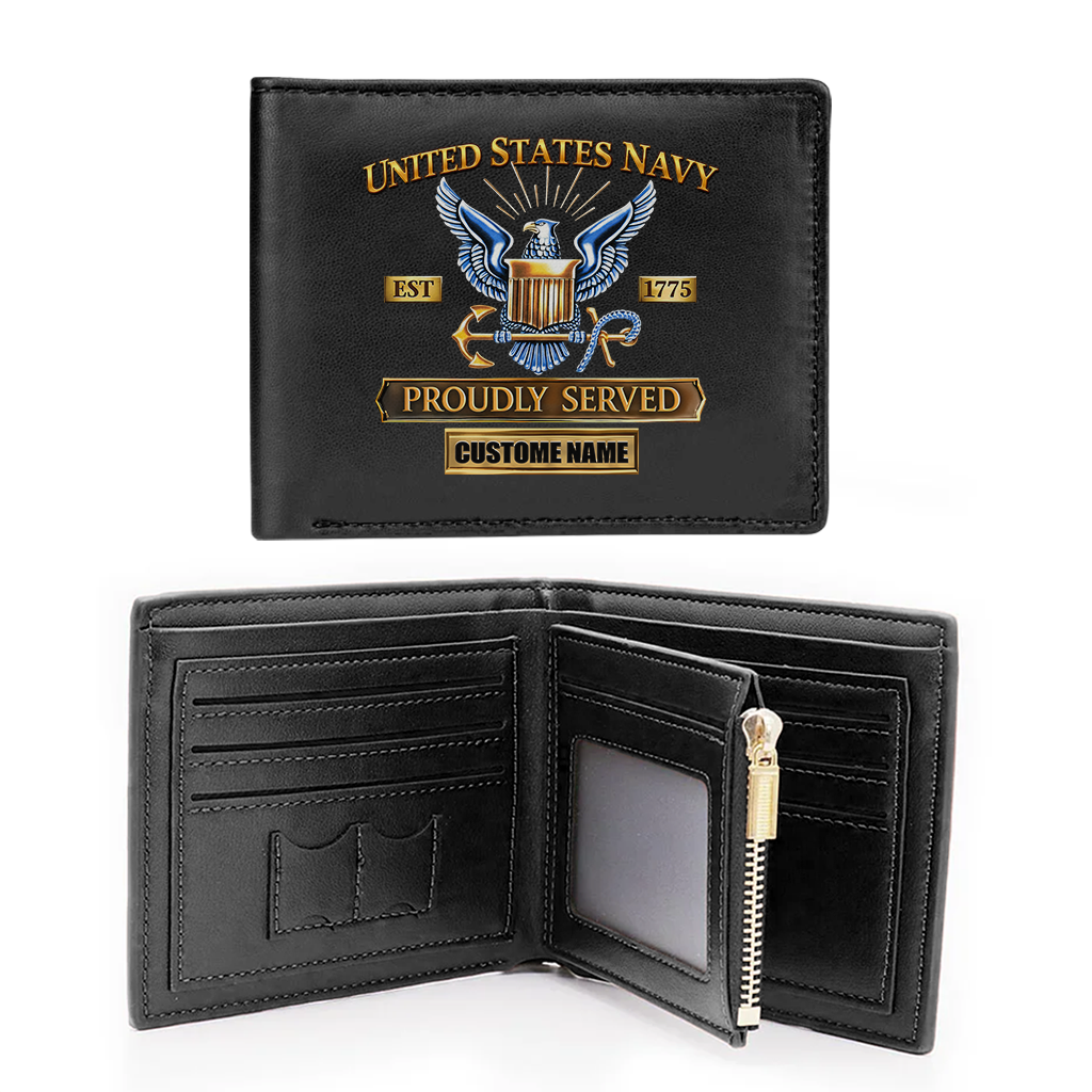 Personalizable Navy Proudly Served Leather Wallet