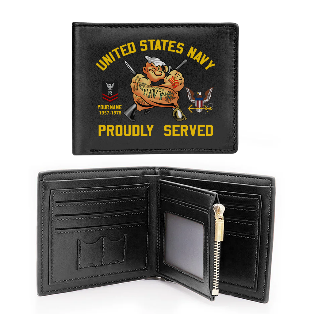 Personalizable Navy Proudly Served Leather Wallet