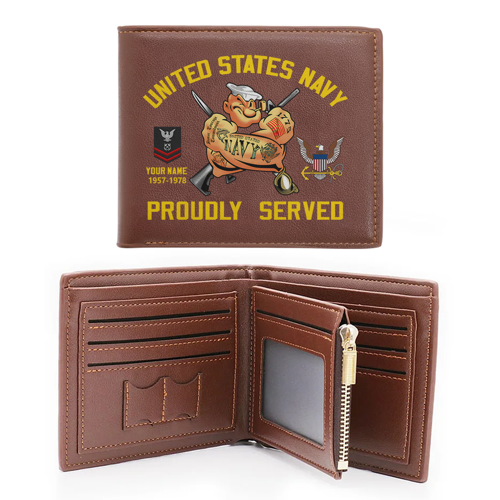 Personalizable Navy Proudly Served Leather Wallet