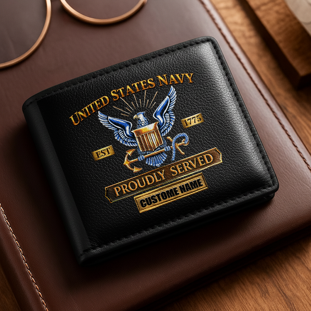 Personalizable Navy Proudly Served Leather Wallet