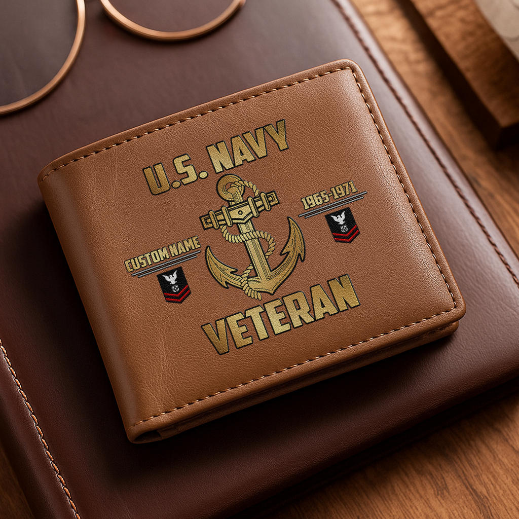 Personalizable Navy Veteran Leather Wallet