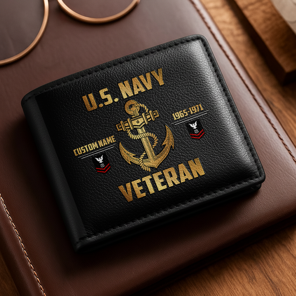 Personalizable Navy Veteran Leather Wallet