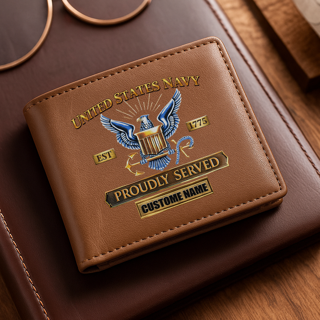 Personalizable Navy Proudly Served Leather Wallet