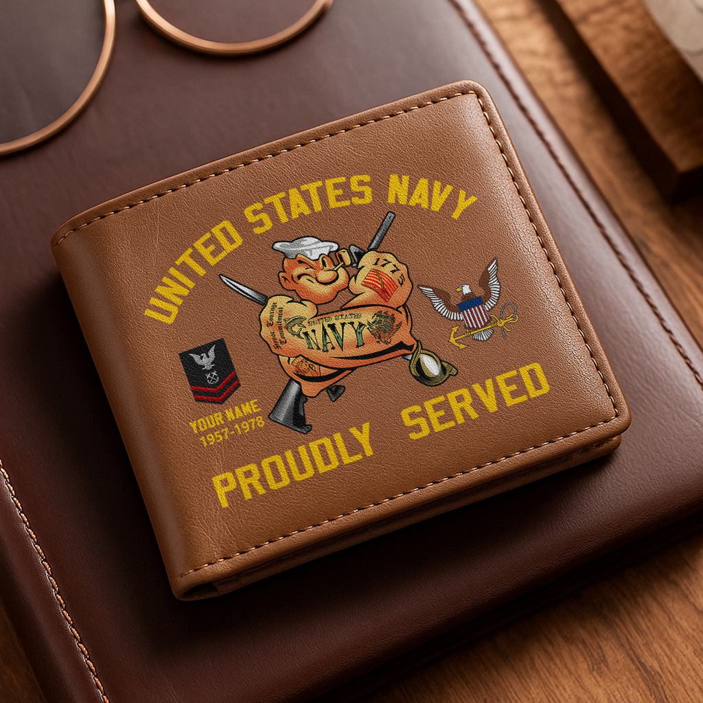Personalizable Navy Proudly Served Leather Wallet