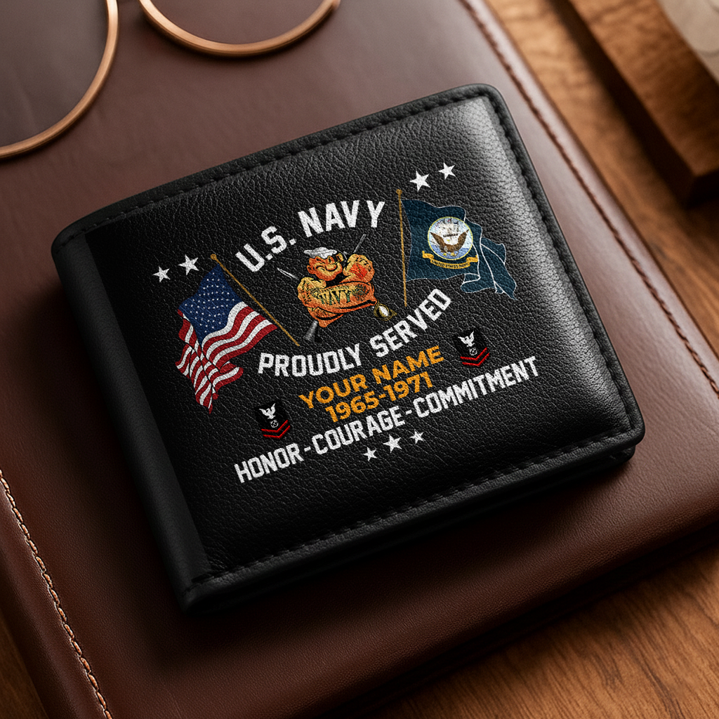 Personalizable Navy Honor Courage Commitment Leather Wallet