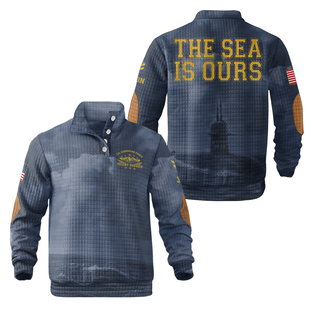 Personalizable Navy Submarine The Sea Is Ours Waffle Stand Collar Sweatshirt