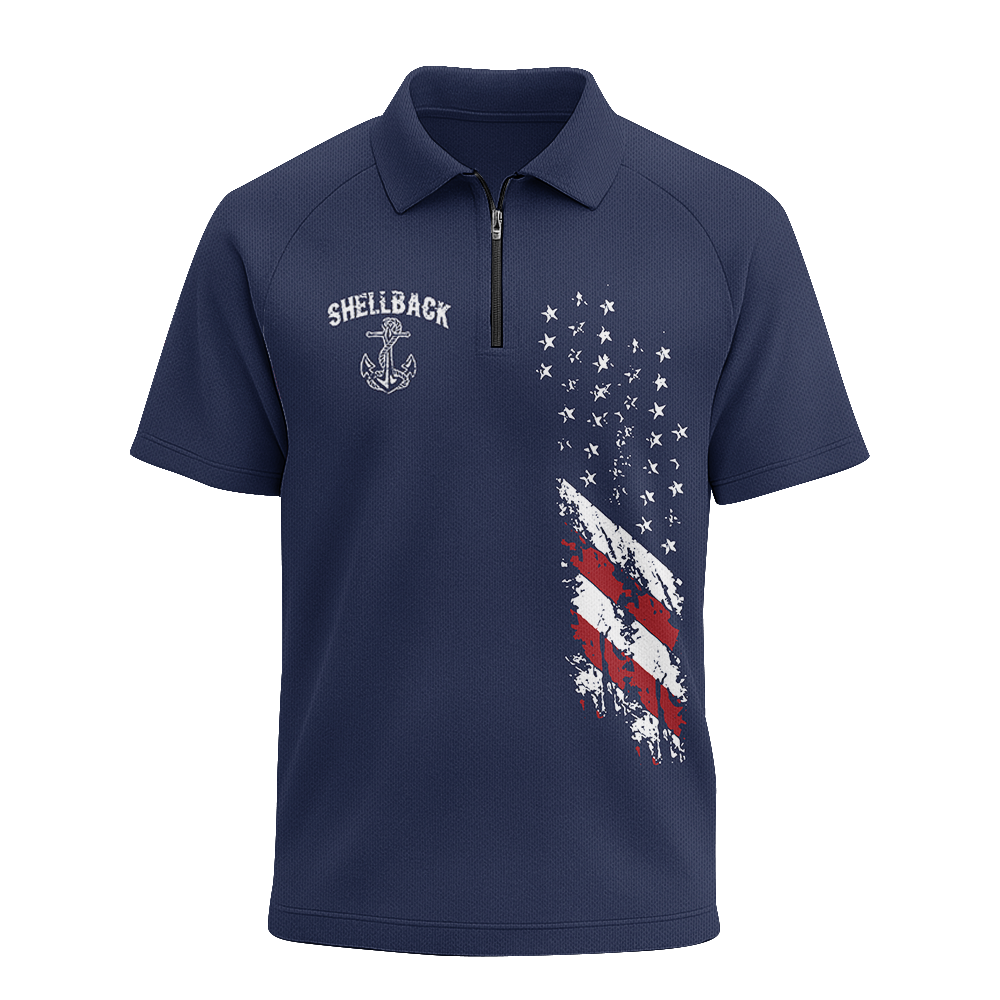 Navy Shellback Ancient Order Of The Deep Raglan Zip Polo Shirt