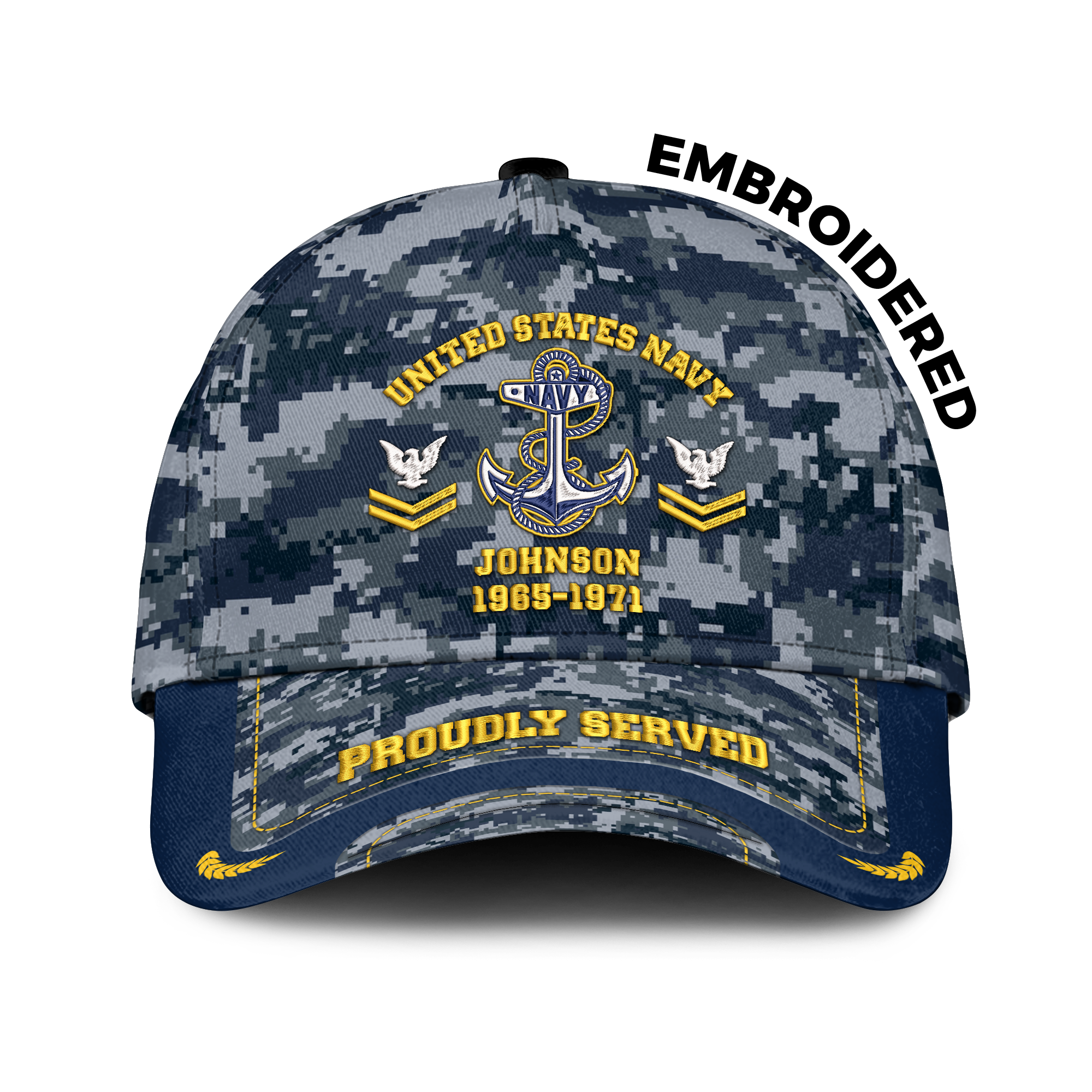 Personalizable Navy Ranking Proudly Served Embroidered & Printed Cap