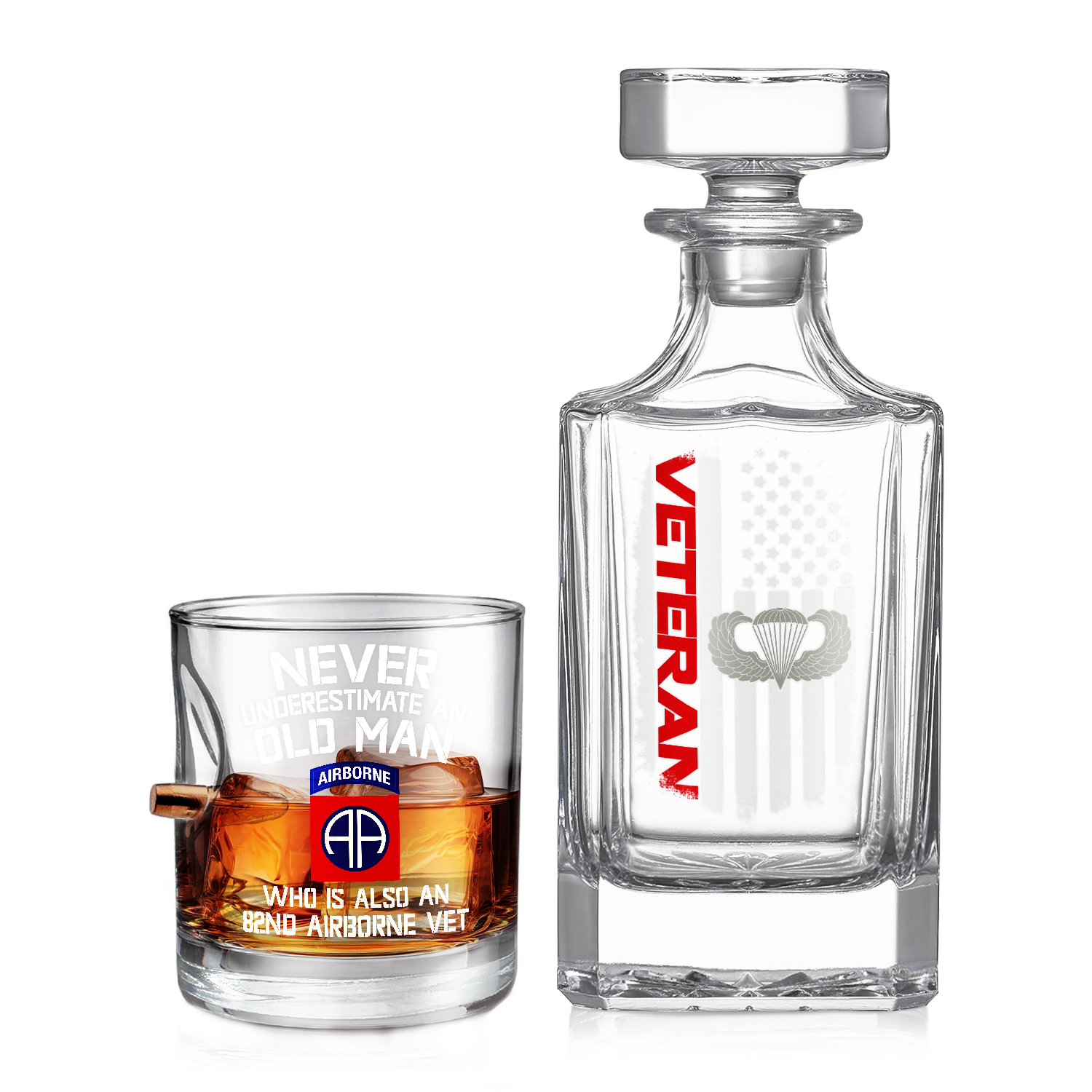 Airborne Veteran Set of 1 Bullet Whiskey Glass & Decanter (x1 Coaster Gift)