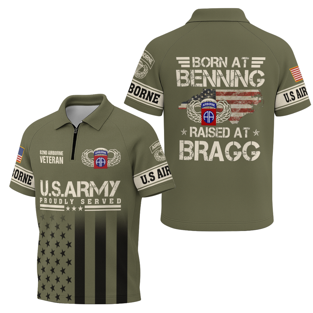 Airborne Born At Benning Raised At Bragg Raglan Zip Polo Shirt
