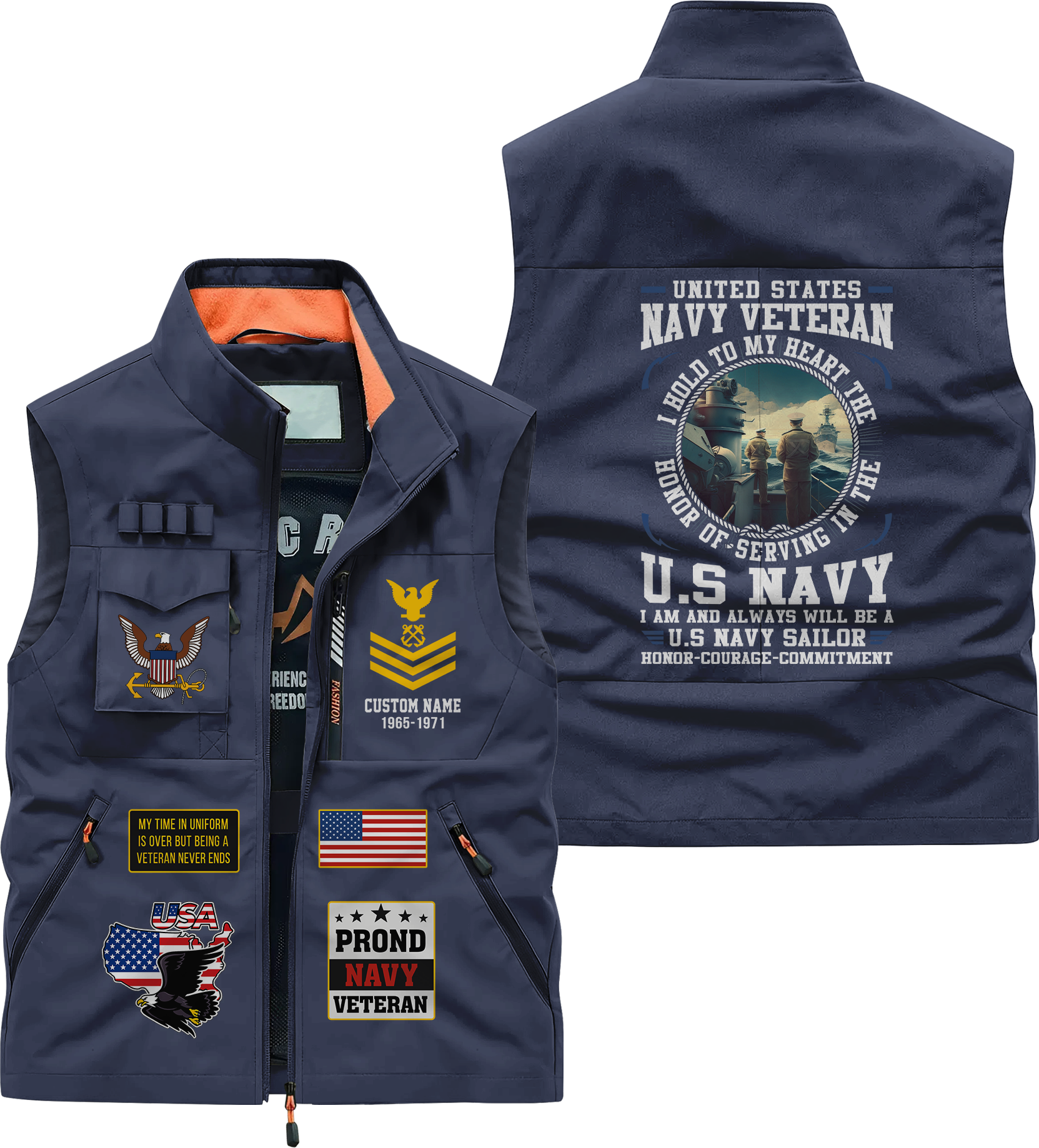 Personalizable Navy Honor Courage Commitment Pocket Vest