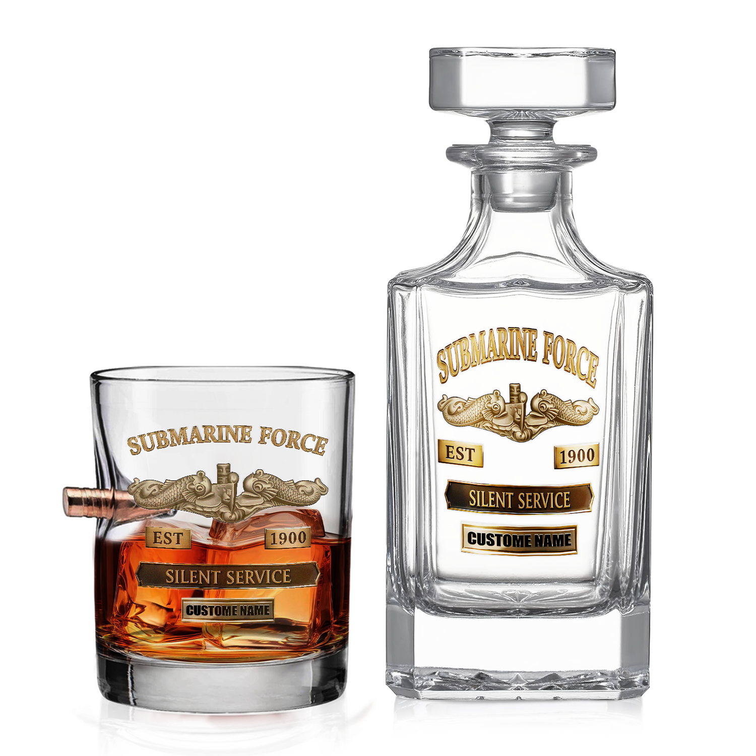 Personalizable Navy Submarine Bullet Whiskey Glass & Decanter Set