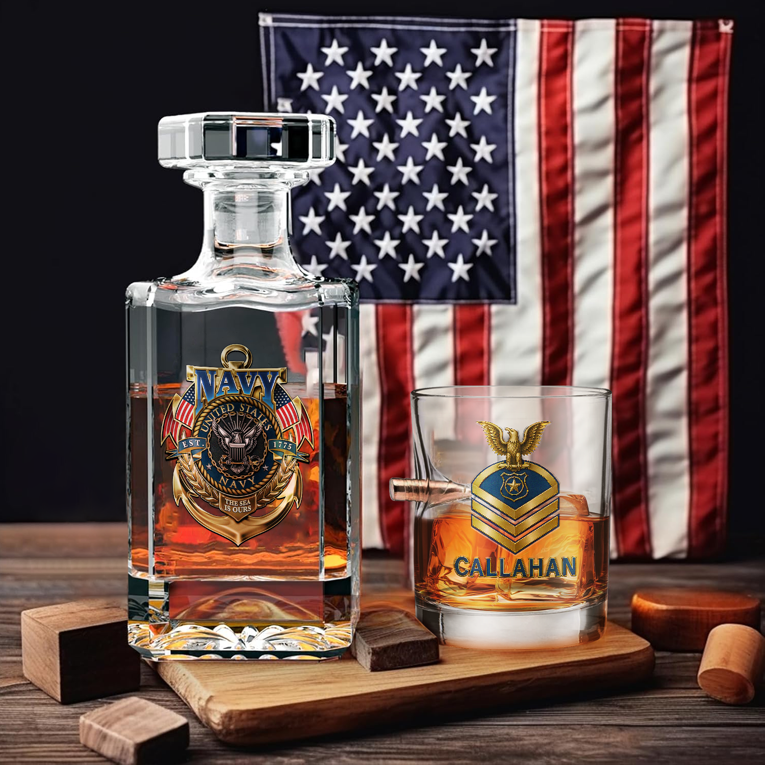 Personalizable Navy Submarine Bullet Whiskey Glass & Decanter Set