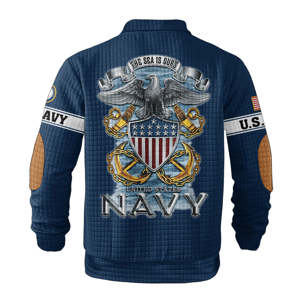 Navy The Sea Is Ours Waffle Stand Collar Sweatshirt