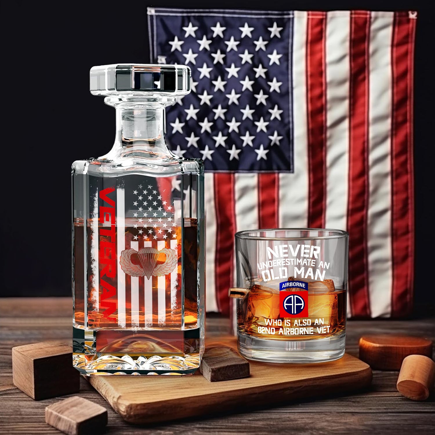 Airborne Veteran Set of 1 Bullet Whiskey Glass & Decanter (x1 Coaster Gift)
