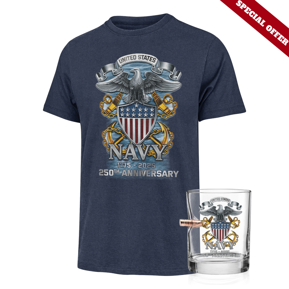 Navy 250th Anniversary Classic Tee & Bullet Glass Combo