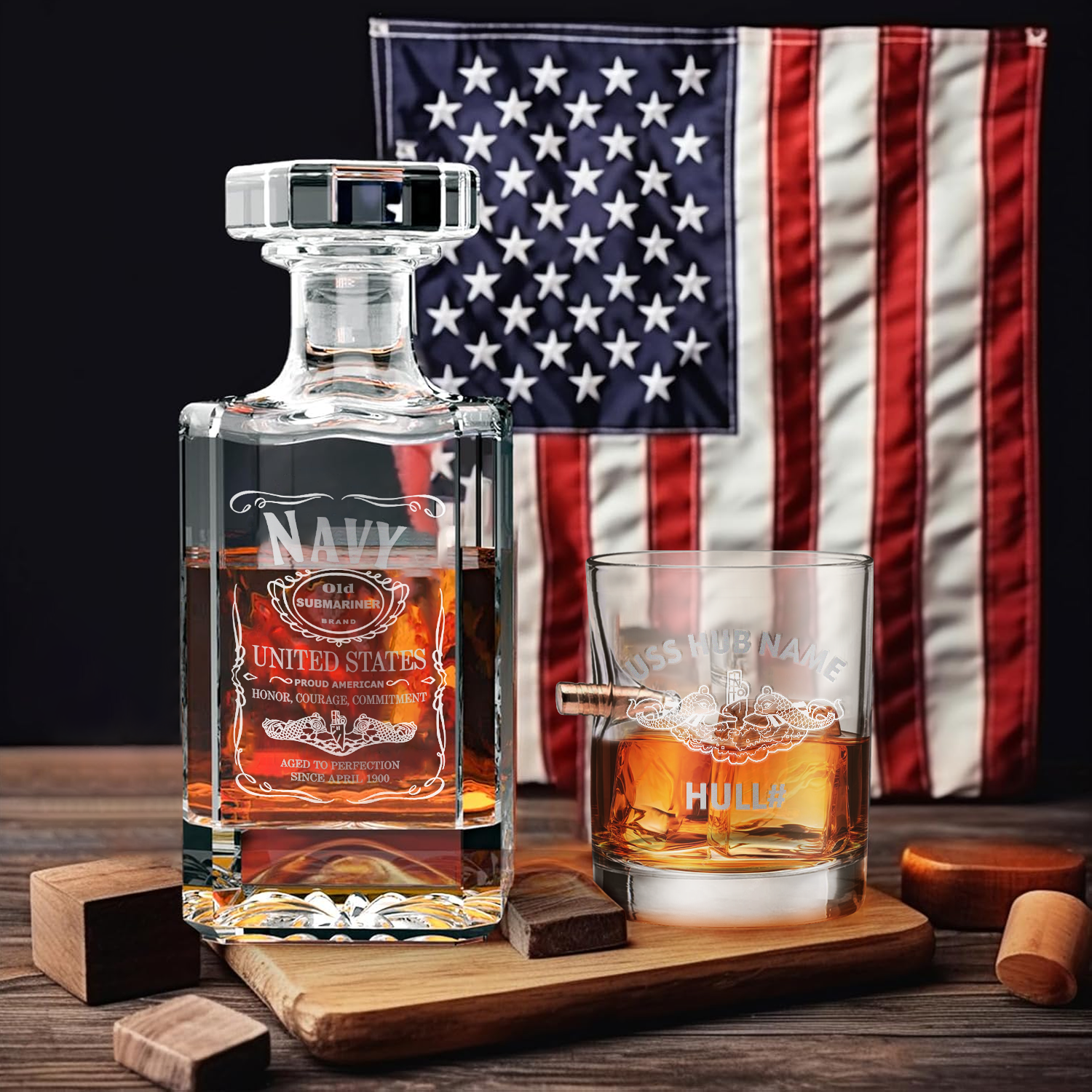Personalizable Navy Submarine Bullet Whiskey Glass & Decanter Set