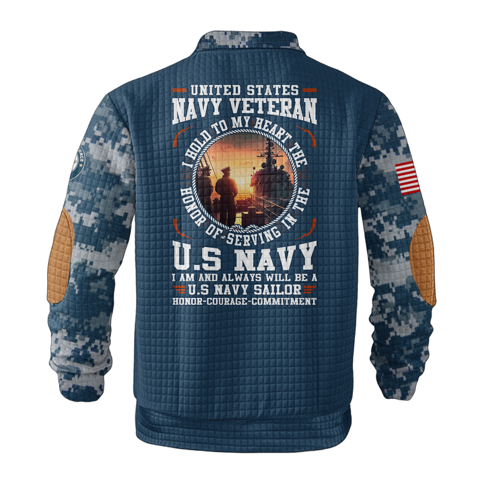 Navy Veteran Honor Courage Commitment Waffle Stand Collar Sweatshirt