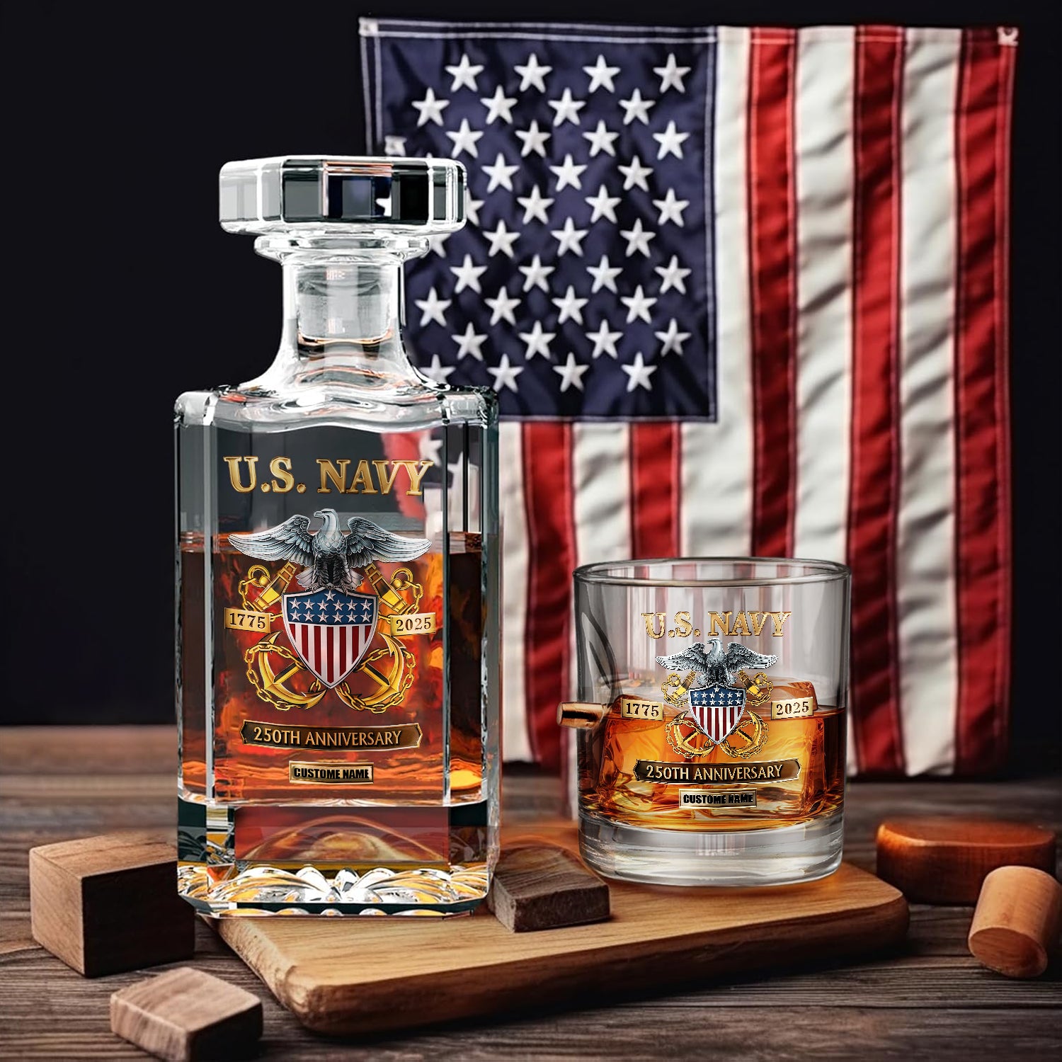 Personalizable Navy 250th Anniversary Bullet Whiskey Glass & Decanter Set