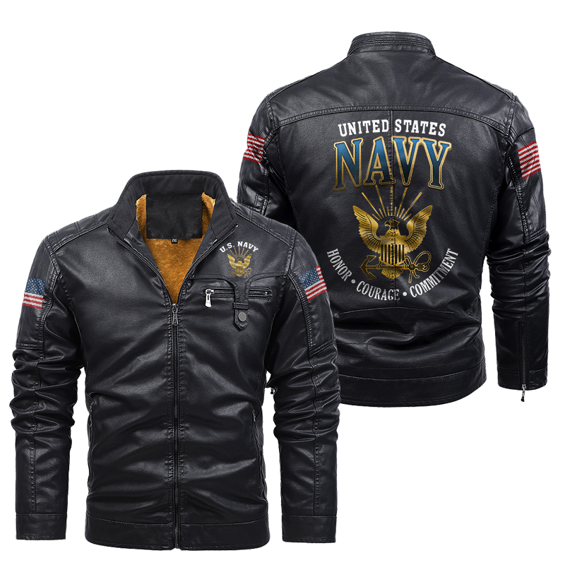 Navy Honor Courage Commitment Leather Jacket
