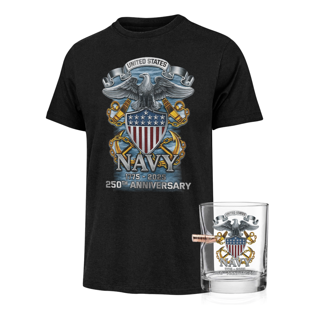 Navy 250th Anniversary Classic Tee & Bullet Glass Combo