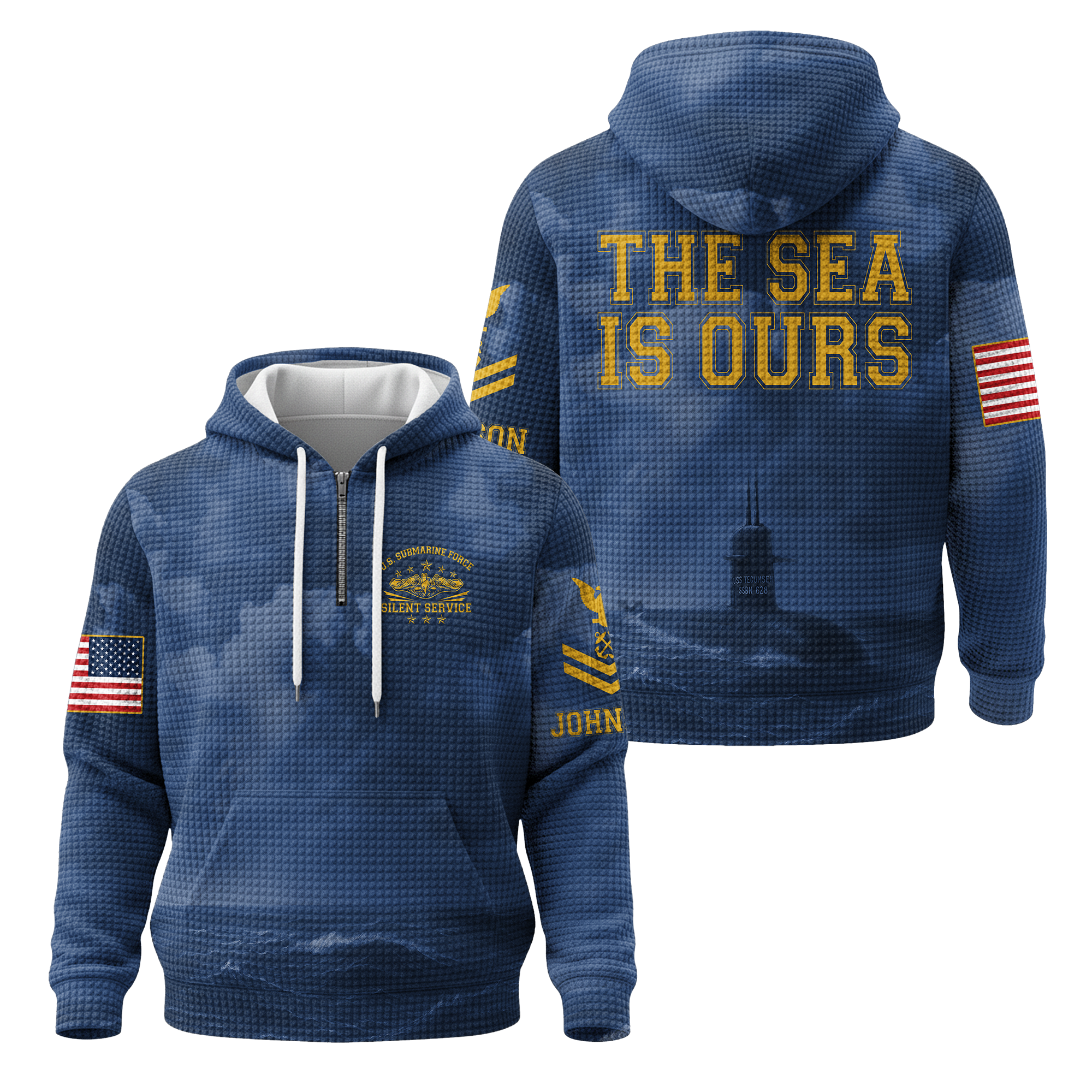 Personalizable Navy Submarine Quarter Zip Waffle Hoodie