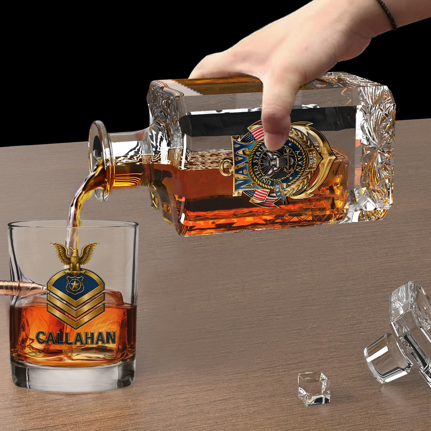 Personalizable Navy Submarine Bullet Whiskey Glass & Decanter Set