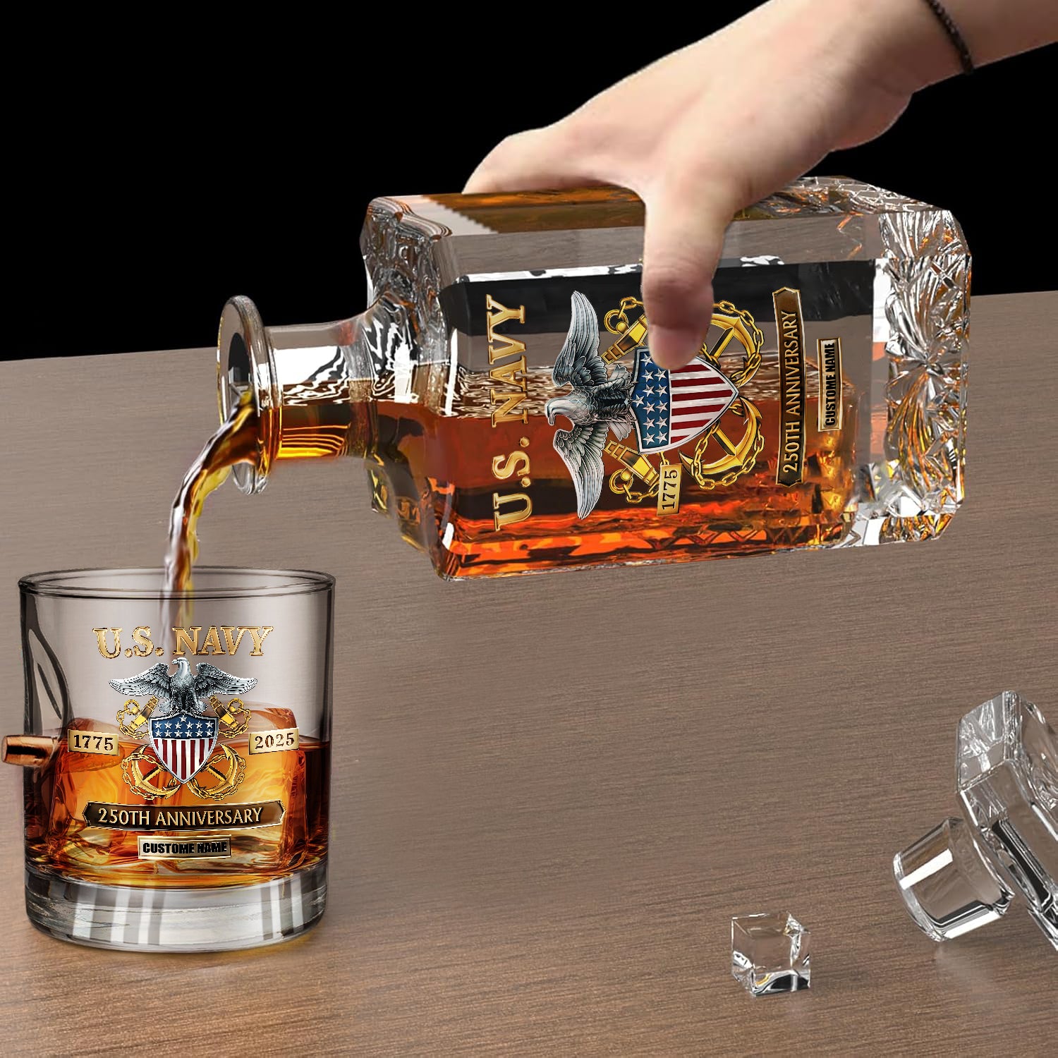 Personalizable Navy 250th Anniversary Bullet Whiskey Glass & Decanter Set