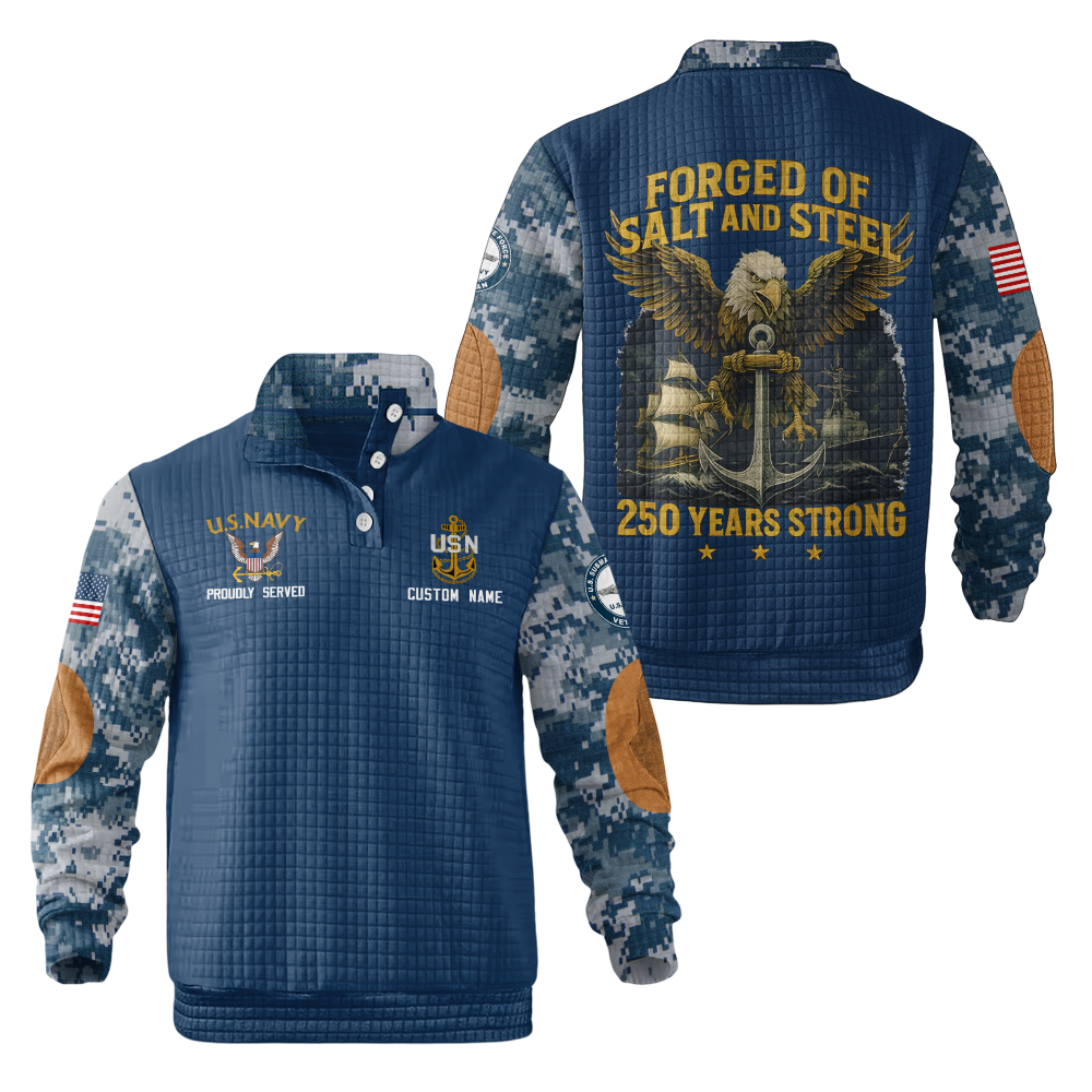 Personalizable Navy 250 Years Strong Waffle Stand Collar Sweatshirt