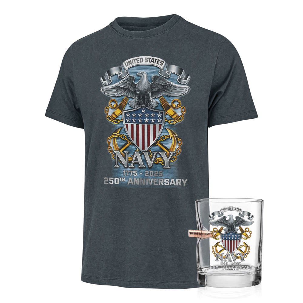 Navy 250th Anniversary Classic Tee & Bullet Glass Combo