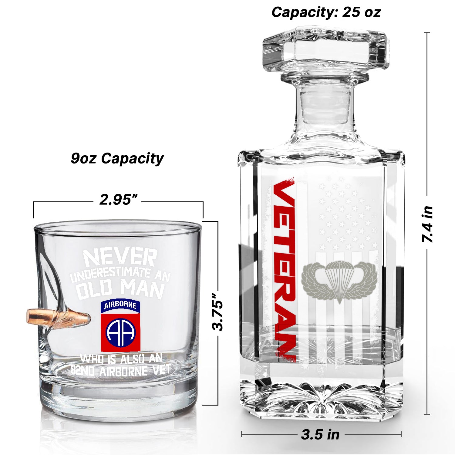 Airborne Veteran Set of 2 Bullet Whiskey Glasses & Decanter (x2 Coasters Gift)