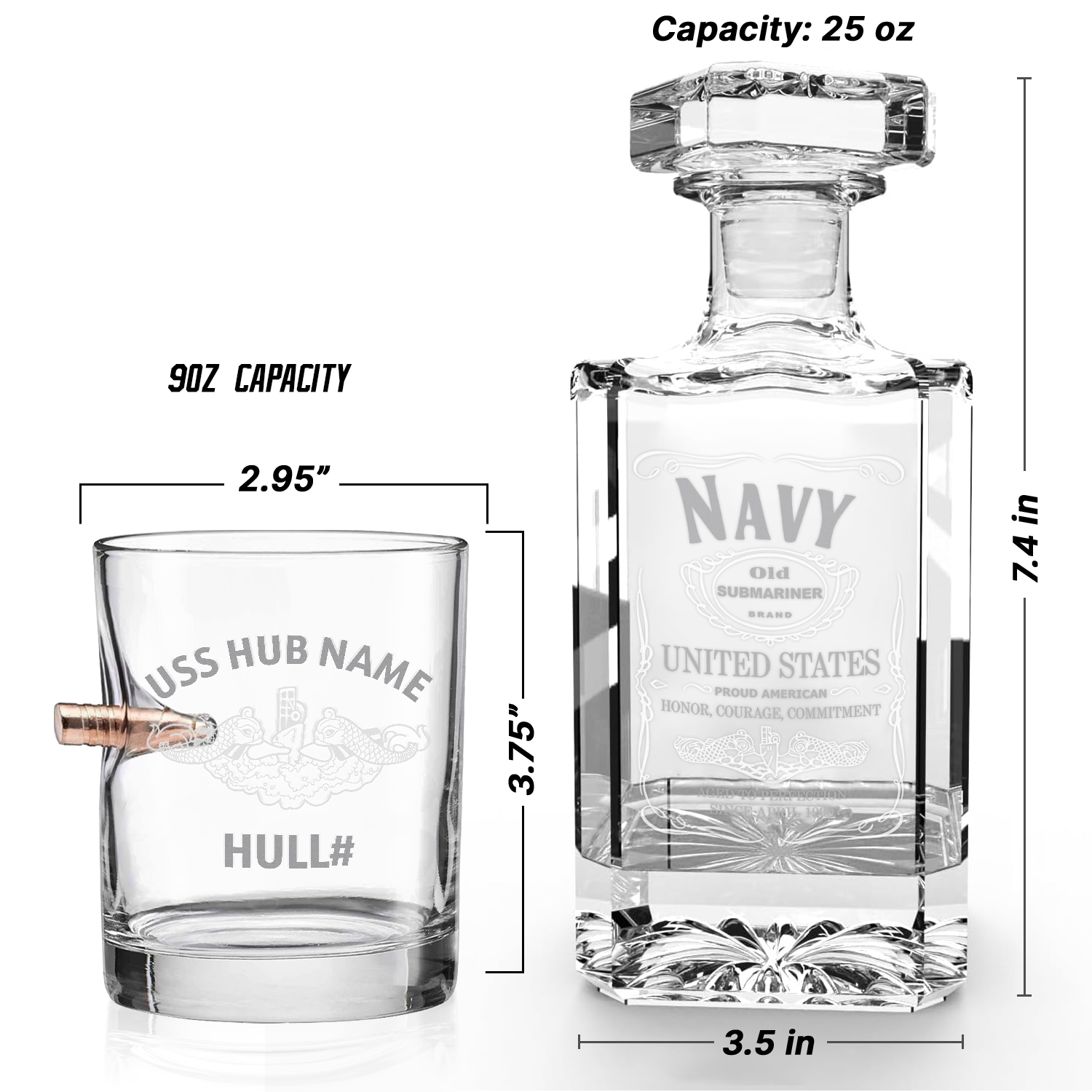 Personalizable Navy Submarine Bullet Whiskey Glass & Decanter Set