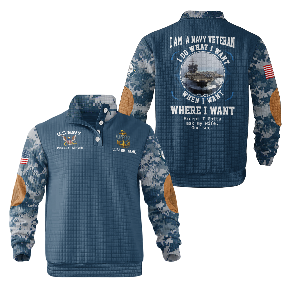 Personalizable I Am a Navy Veteran Waffle Stand Collar Sweatshirt