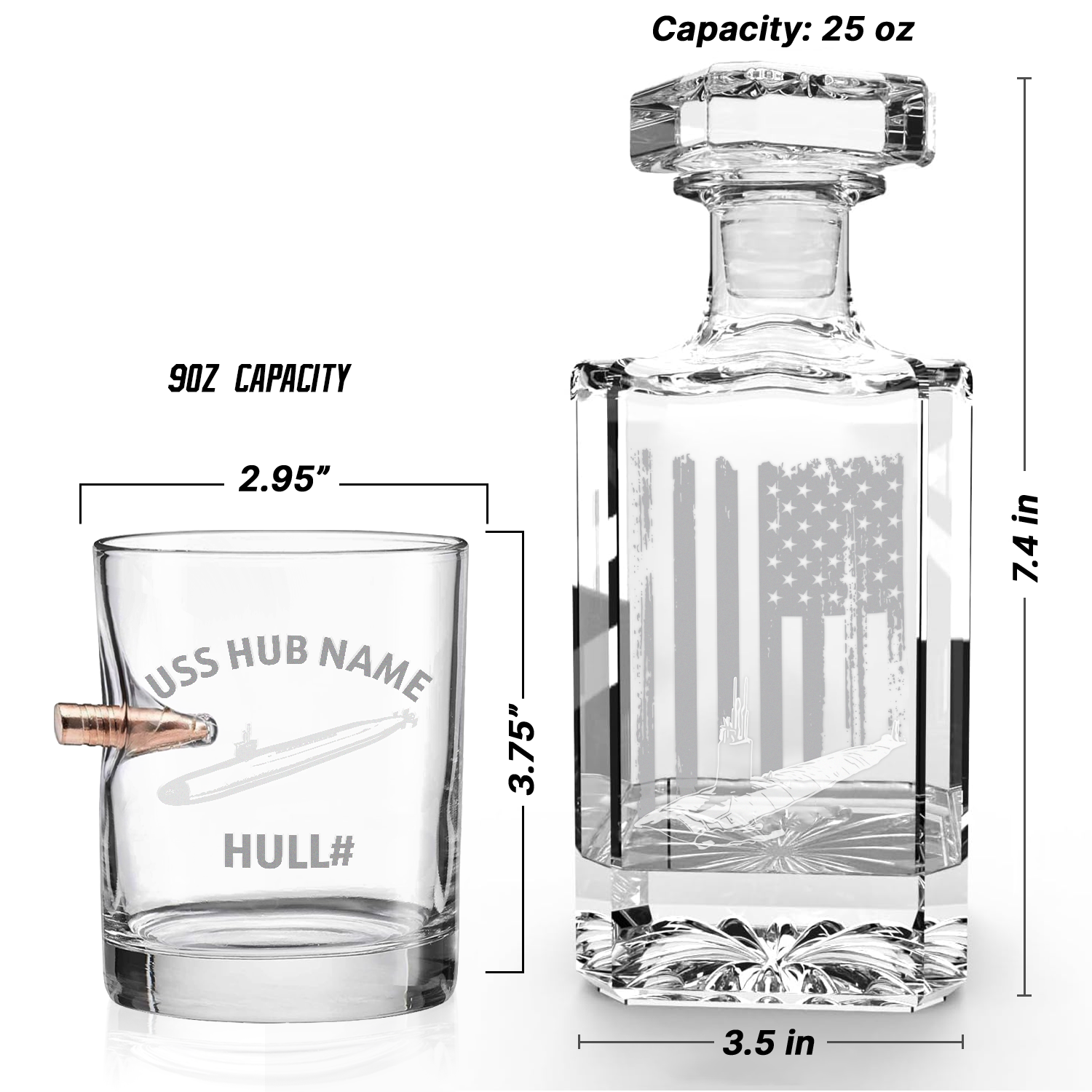 Personalizable Navy Submarine Bullet Whiskey Glass & Decanter Set