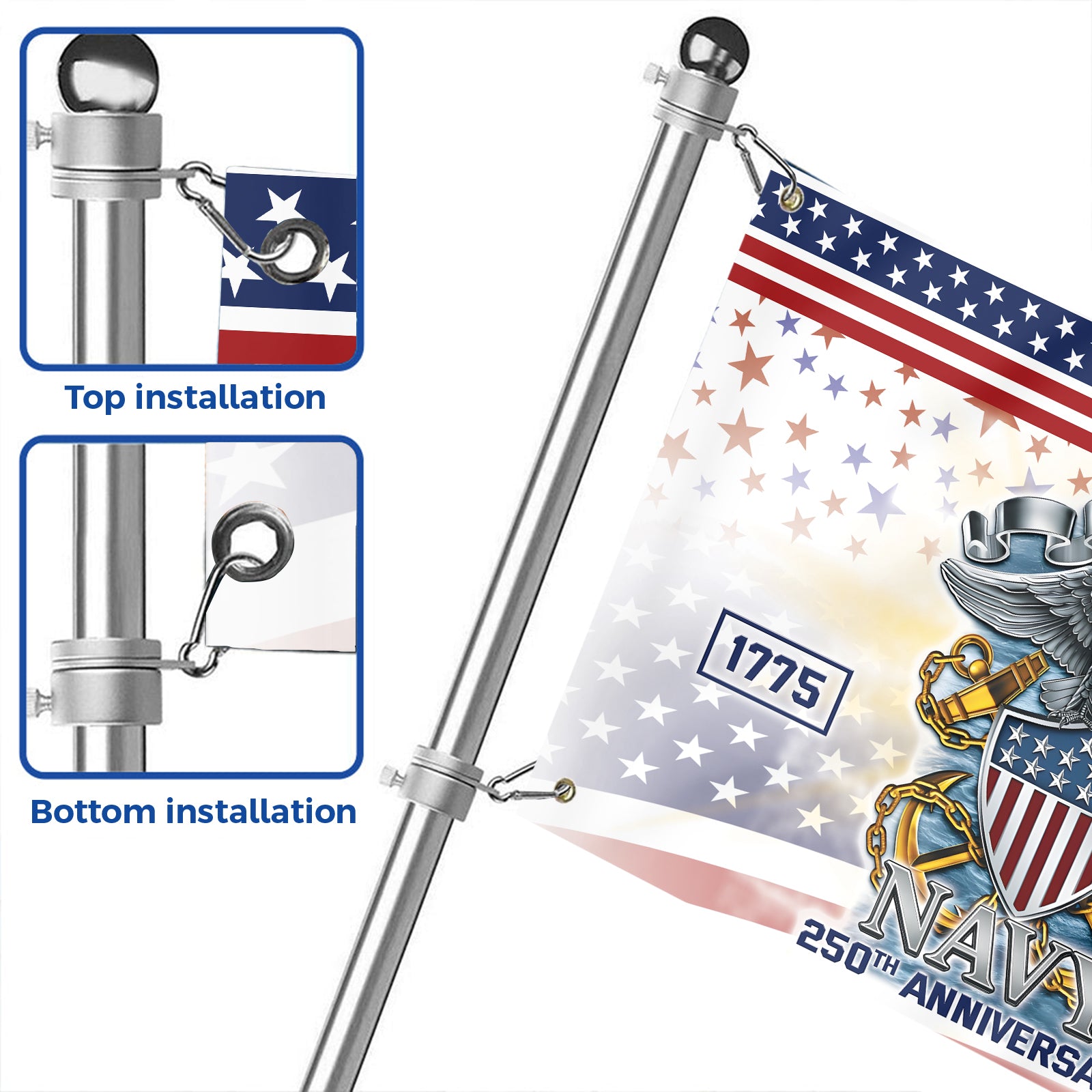 Navy 250th Anniversary House Flag With Flagpole Combo