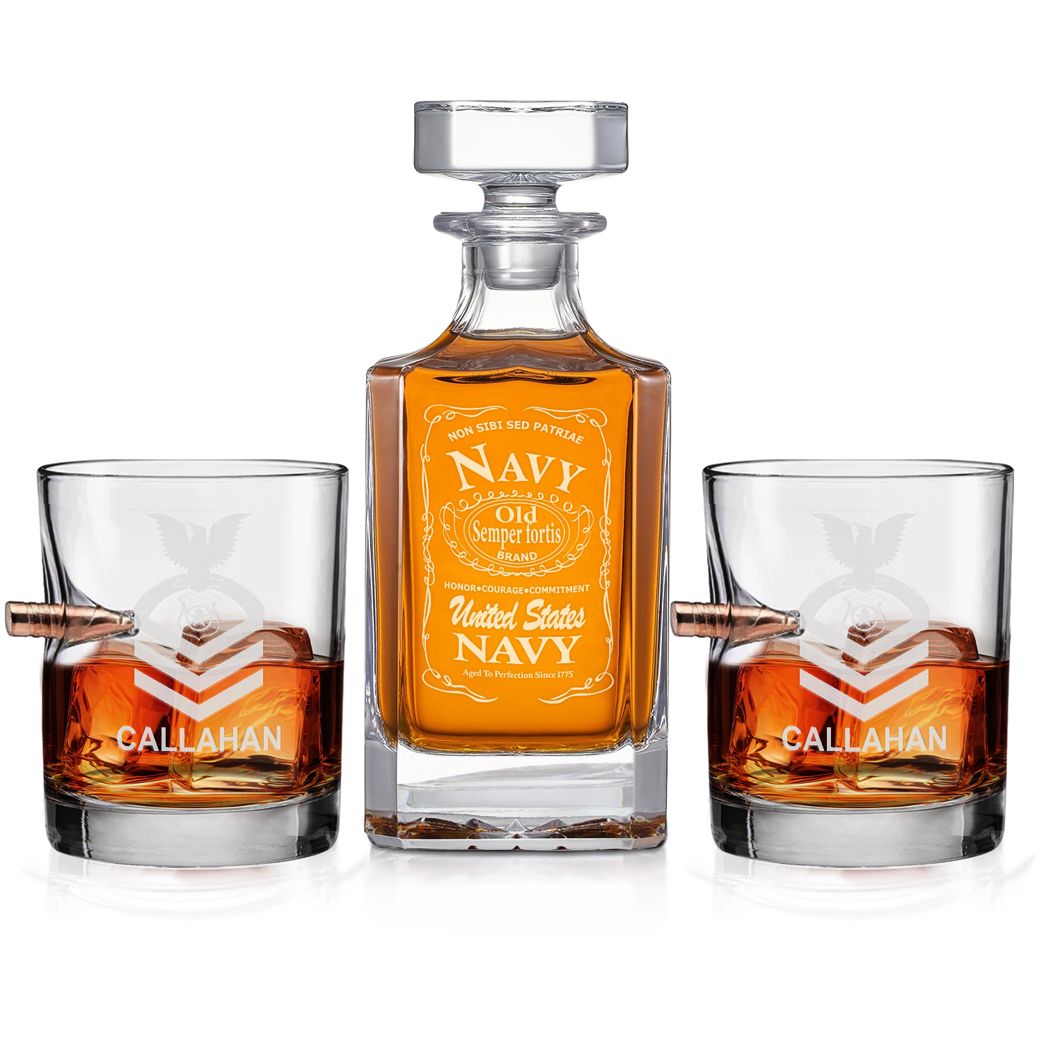 Personalizable Navy Submarine Bullet Whiskey Glass & Decanter Set